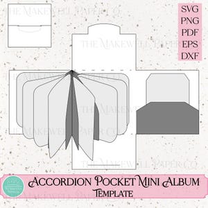 May include: A digital template for an accordion pocket mini album. The design features a series of connected rectangular pages, pockets, and a cover, all in shades of gray and white. The image includes file format options: SVG, PNG, PDF, EPS, and DXF.