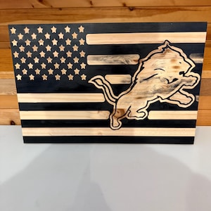 Handcrafted Wooden American Flag with Custom Design - Detroit Lions Theme