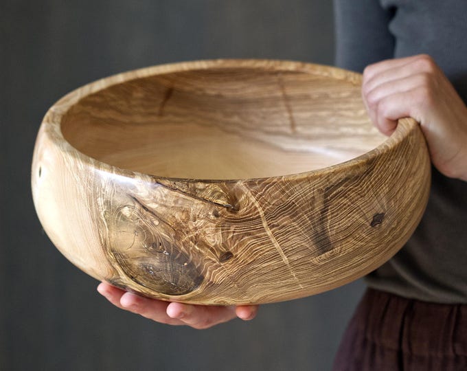 Hand Turned Ash Wood Large Bowl, Farmhouse Kitchen Centerpiece