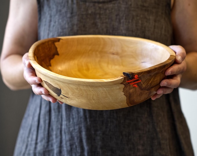Hand-Turned Apple Wood Salad Bowl, Rustic Farmhouse Kitchen Decor