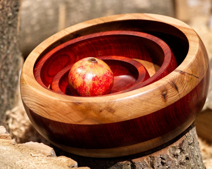 Wooden Bowl Set Of 3, Wooden Bowls From Tropical Padouk, Elm And Walnut Bowl, Handmade Serving Bowl, Kitchen Decorative Bowl