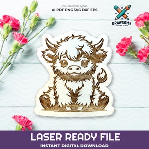 Cute Fluffy Highland Cow Laser Cut File for Glowforge, Baby Cow SVG | Highland Cow Clipart File For Glowforge, Cricut and Silhouette
