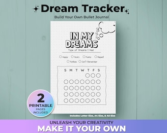 Puede incluir: Una hoja de seguimiento de sueños imprimible con un diseño en blanco y negro. La hoja incluye una sección para registrar el tipo de sueños que se han tenido, una cuadrícula de calendario para hacer un seguimiento de los sueños y el texto "In My Dreams".