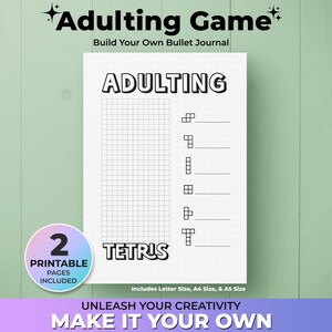 Peut inclure: Modèle de journal à puces imprimable "Adulting Game" avec un design sur le thème du Tetris. Le modèle comprend deux pages et est disponible en format lettre, A4 et A5.