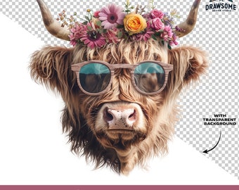 Mom Fluffy Highland Cow PNG | Cute Cow Design | Floral Cow Clipart | High-Quality Digital Download | Sublimation and Printing Ready