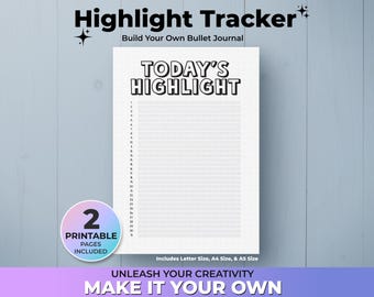 Könnte beinhalten: Druckbare "Heute's Highlight" Tracker-Seite für Bullet Journaling. Die Seite hat einen weißen Hintergrund mit schwarzen Linien und den Text "Heute's Highlight" in fetten schwarzen Buchstaben. Die Seite ist so konzipiert, dass Sie Ihre täglichen Highlights und Erfolge verfolgen können. Sie enthält zwei druckbare Seiten in den Formaten Letter, A4 und A5.