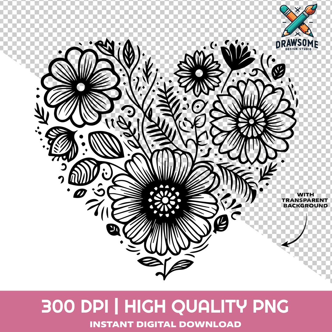 Black and White Doodle Floral Heart PNG | Floral Heart SVG | Flower ...