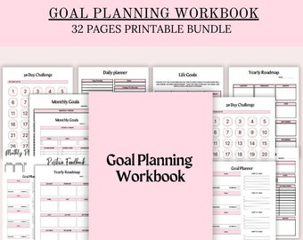 Könnte beinhalten: Ein rosa-schwarzes, druckbares Zielplanungs-Arbeitsbuch mit 32 Seiten. Das Arbeitsbuch enthält Seiten für die tägliche Planung, monatliche Ziele, jährliche Roadmaps und 30-Tage-Herausforderungen.