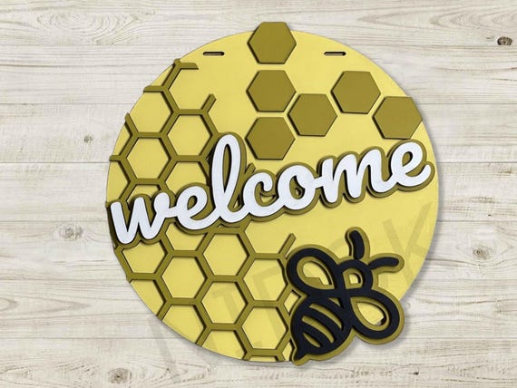 Welcome Door Hanger with Bee Hive - Bright and Happy Decoration Featuring Bees - Perfect for Summer and Spring