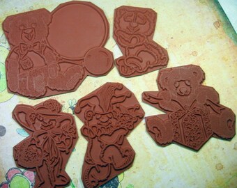 Teddy Bears, 5 Unmounted Rubber Stamps