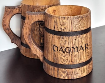 Set of 8 Personalized Mug Groomsmen Gift for Wedding: Engraved Oak Wood Beer Tankard