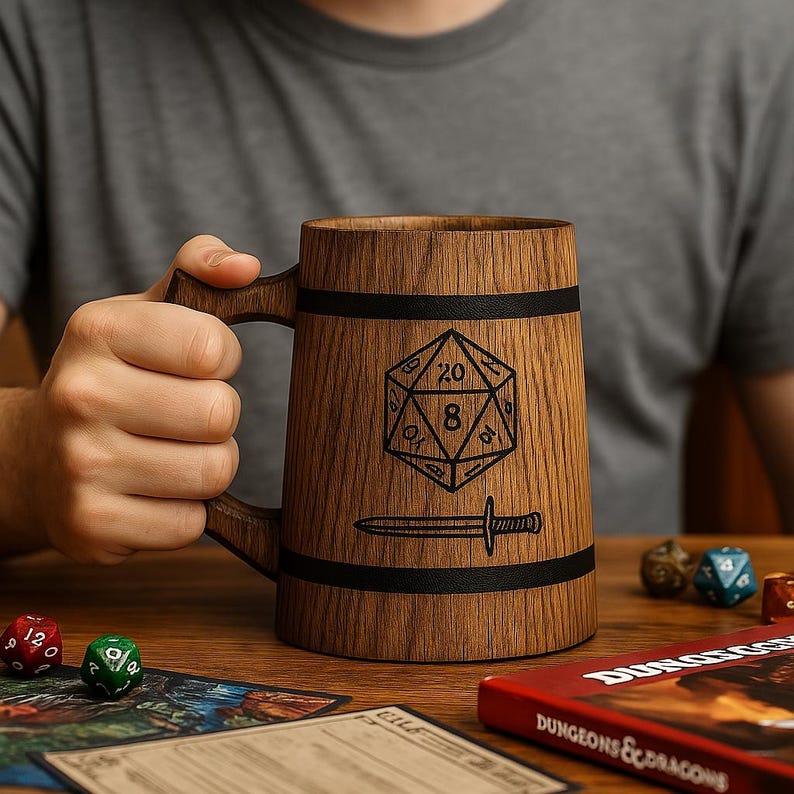 Engraved Wooden Beer Mug – Rustic Holz Bierkrug, Handcrafted Gift for DnD Fans or Him image 8