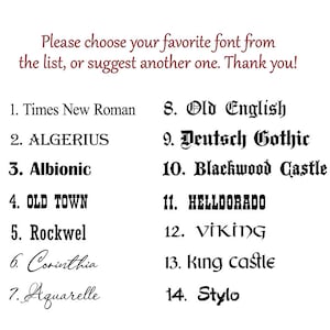 May include: A list of 14 different fonts, numbered 1 through 14, with the font name written in the corresponding font style. The fonts include Times New Roman, ALGERIUS, Albionic, OLD TOWN, Rockwel, Corinthia, Aquarelle, Old English, Deutsch Gothic, Blackwood Castle, HELLDORADO, VİKİNG, King castle, and Stylo.