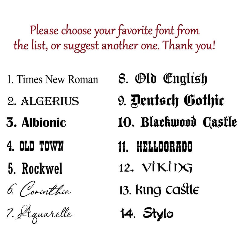 May include: A list of 14 different fonts, numbered 1 through 14, with the font name written in the corresponding font style. The fonts include Times New Roman, ALGERIUS, Albionic, OLD TOWN, Rockwel, Corinthia, Aquarelle, Old English, Deutsch Gothic, Blackwood Castle, HELLDORADO, VİKİNG, King castle, and Stylo.