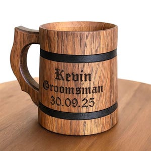 Set of 8 Personalized Groomsmen Beer Mugs Custom Wooden Stein, Customizable Best Man Gift from Groom Engraved Wood Tankard, Wedding Gift