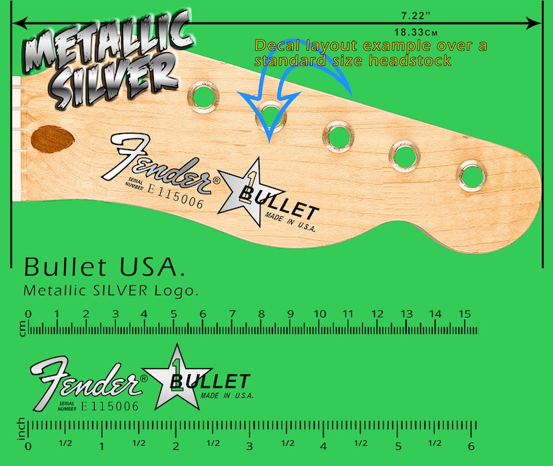 May include: A wooden guitar headstock with the text "METALLIC SILVER" and "Fender" logos. The headstock is 7.22 inches (18.33 cm) wide. Includes the text "Bullet USA. Metallic SILVER Logo."