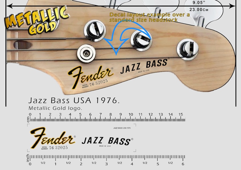 May include: A close-up of a Fender Jazz Bass headstock with a metallic gold decal. The decal features the Fender logo, the text "JAZZ BASS", and the serial number "76 32025". The headstock is made of wood and has a natural finish. The decal is 9.05 inches (23 cm) wide.