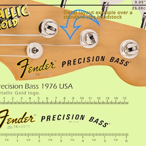 May include: Close-up of a Fender Precision Bass guitar headstock with a metallic gold decal. The decal reads "Fender Precision Bass" and includes the serial number "7646075". The headstock is made of wood and has a natural finish. The guitar is a 1976 model made in the USA.