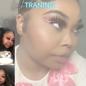 May include: A woman with dark hair and a pink bow is looking at the camera. She has on dramatic eye makeup with long eyelashes. The text "Lash TRANING" is written in blue on the image.