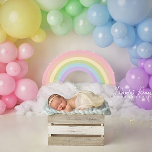 Newborn Digital Backdrop, Balloon Rainbow Arch, Baby Laying on Crate
