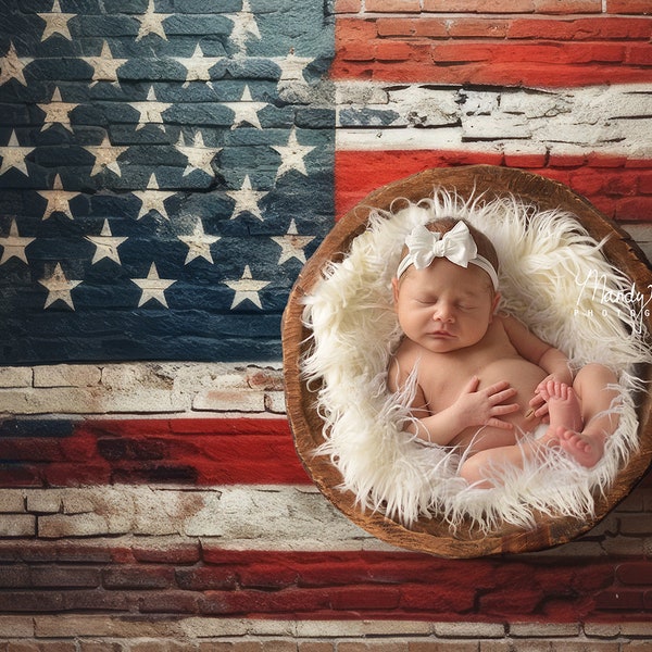 Newborn Digital Backdrop, American Flag Graffiti with Wooden Bowl