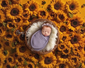 Newborn Digital Backdrop, Sunflowers on Yellow with Wooden Bowl