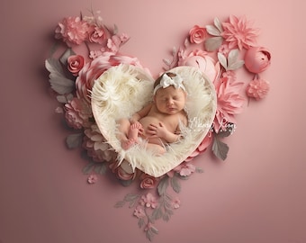 Newborn Digital Backdrop, Pink Floral Heart with Heart Bowl