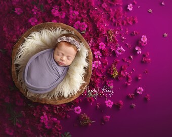 Newborn Digital Backdrop, Magenta Pink Floral with Wooden Bowl