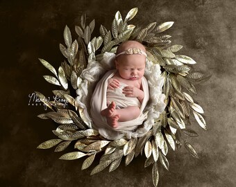 Newborn Digital Backdrop, Elegant Digital Background, Wreath with Gold Leaves