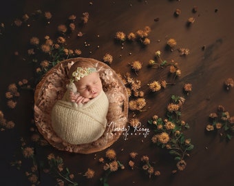 Newborn Digital Backdrop, Brown Fall Florals with Wooden Bowl