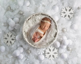 Newborn Digital Backdrop, Winter Digital Background, Snow, Snowflakes, Basket