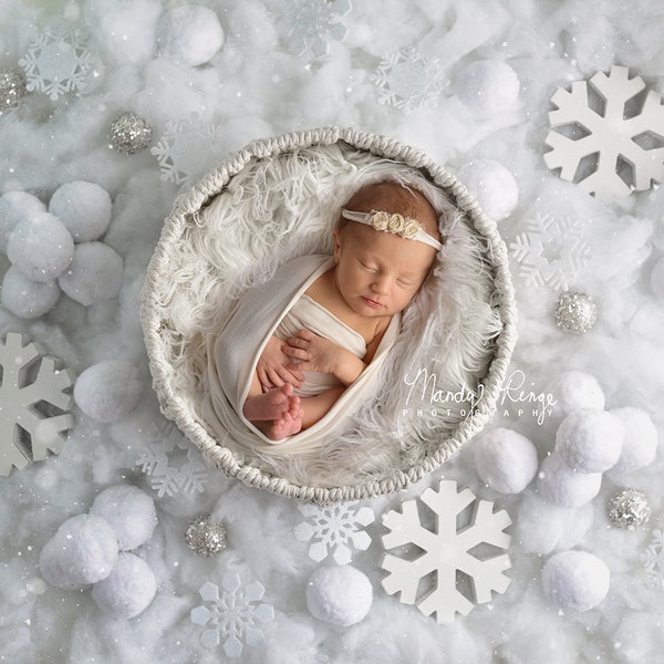 Newborn Digital Backdrop, Winter Digital Background, Snow, Snowflakes, Basket