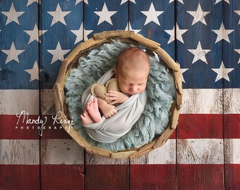 Newborn Digital Backdrop, American Flag Barnwood with Wooden Bowl
