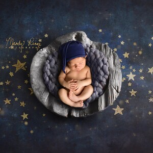 Newborn Digital Backdrop, Painted Starry Night Sky Background, Blue Gray Wooden Bowl image 5