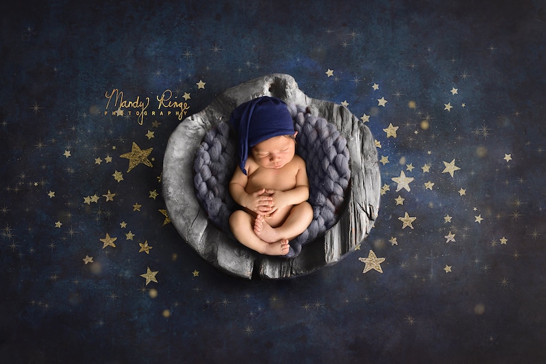 Newborn Digital Backdrop, Painted Starry Night Sky Background, Blue Gray Wooden Bowl image 5