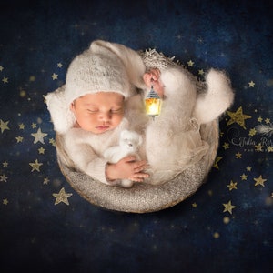 Newborn Digital Backdrop, Painted Starry Night Sky Background, Blue Gray Wooden Bowl image 4