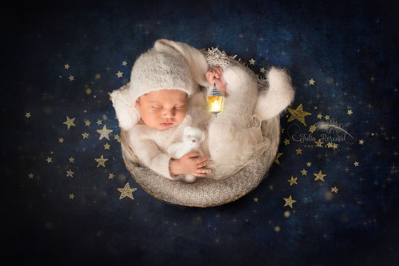 Newborn Digital Backdrop, Painted Starry Night Sky Background, Blue Gray Wooden Bowl image 4