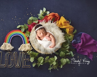 Newborn Digital Backdrop, Macrame Rainbow, Greenery, and Love Sign with Bowl