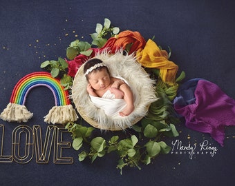 Newborn Digital Backdrop, Macrame Rainbow, Greenery, and Love Sign with Bowl