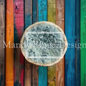 Newborn Digital Backdrop, Colorful Rainbow Wood Boards with Wooden Bowl image 2
