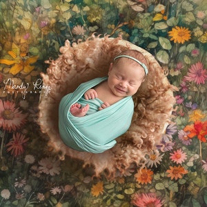 May include: A newborn baby girl is sleeping in a light brown, fluffy nest. She is wearing a light blue swaddle and a headband. The background is a watercolor painting of a field of flowers.