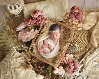 Newborn Digital Backdrop, Cozy Boho Texture Layers, Wooden Rectangle Basket