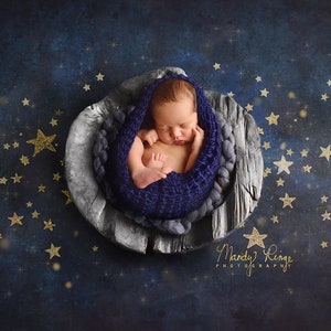 Newborn Digital Backdrop, Painted Starry Night Sky Background, Blue Gray Wooden Bowl image 1