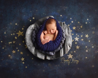 Newborn Digital Backdrop, Painted Starry Night Sky Background, Blue Gray Wooden Bowl