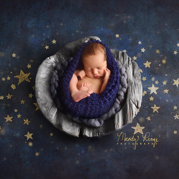 Newborn Digital Backdrop, Painted Starry Night Sky Background, Blue Gray Wooden Bowl