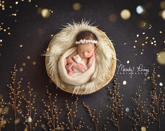Newborn Digital Backdrop, Neutral Digital Background, Gray with Gold Glitter and Wooden Bowl