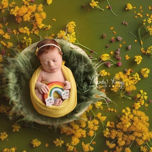 Newborn Digital Backdrop, Green with Yellow Flowers and Wooden Bowl