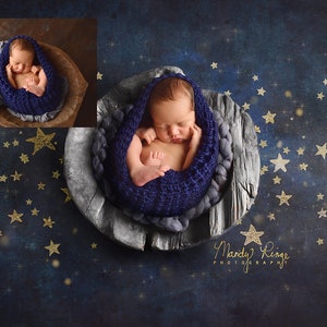 Newborn Digital Backdrop, Painted Starry Night Sky Background, Blue Gray Wooden Bowl image 3