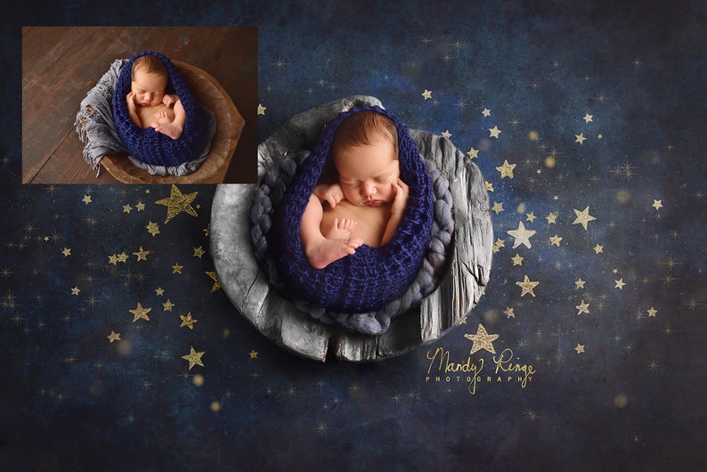 Newborn Digital Backdrop, Painted Starry Night Sky Background, Blue Gray Wooden Bowl image 3