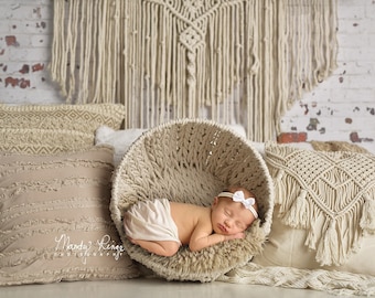 Newborn Digital Backdrop, Boho Macrame Wall Hanging, Basket, Pillows